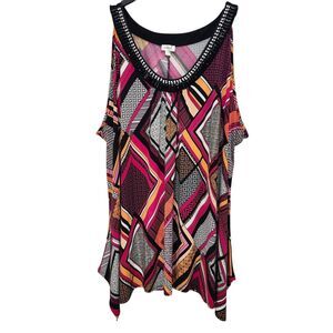 Avenue Tunic Top Womens 30/32 Black Multicolor Geometric Embellished Sleeveless
